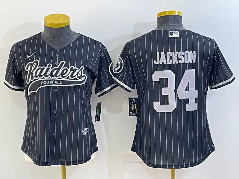 Women%27s Las Vegas Raiders #34 Bo Jackson Black Team Big Logo With Patch Cool Base Stitched Baseball Jersey